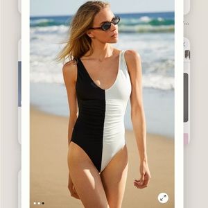 NWT solid & striped Lucia ruched one piece black white size small